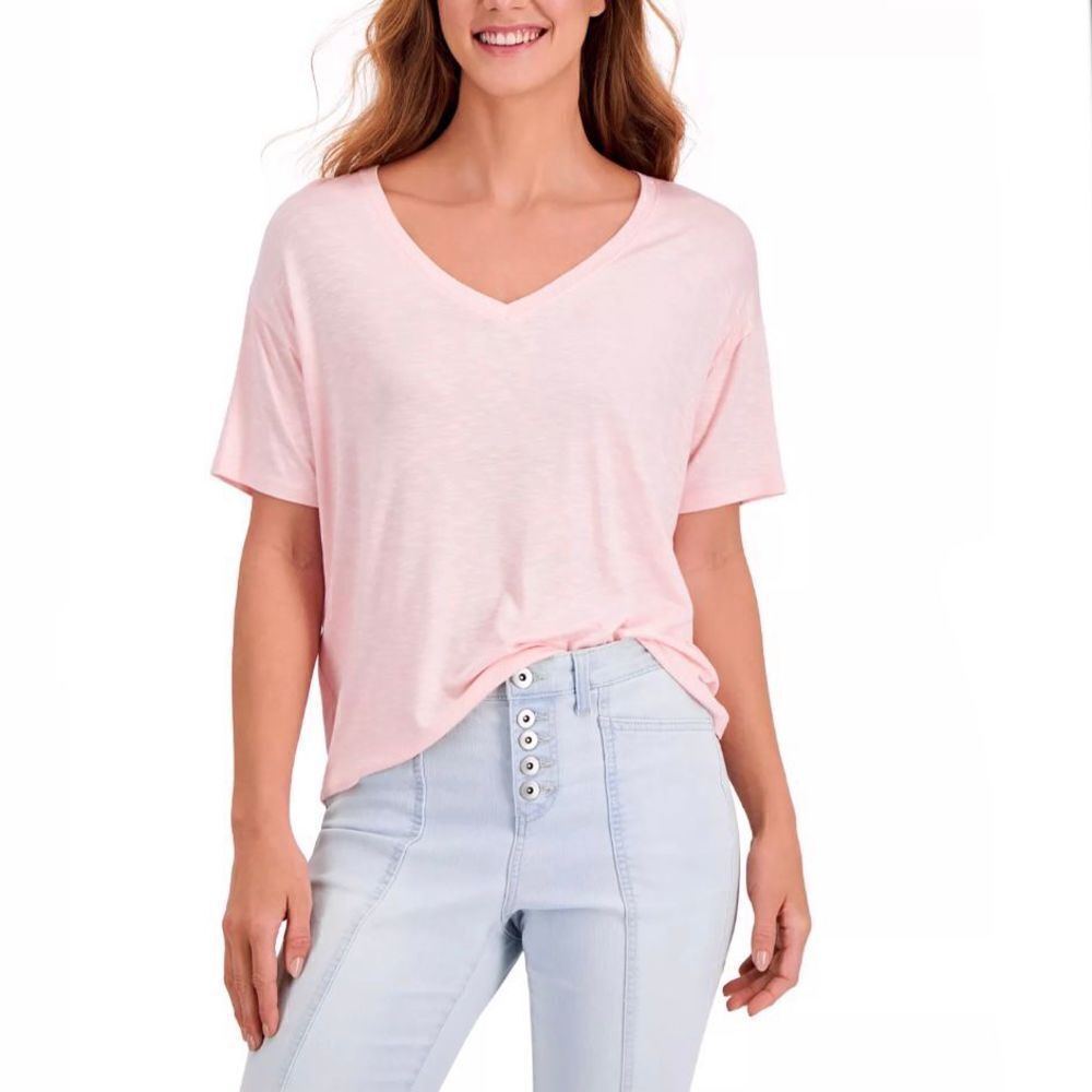 NWT Style & Co Sz L & XL Style & Co Pink Sleekly Drapey V-Neck T-Shirt Top - Picture 10 of 10
